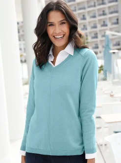 Pullover| V-Ausschnitt-Pullover mit Biesen vorne wintertürkis