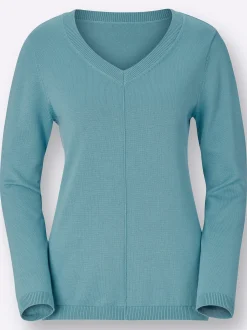 Pullover| V-Ausschnitt-Pullover mit Biesen vorne wintertürkis