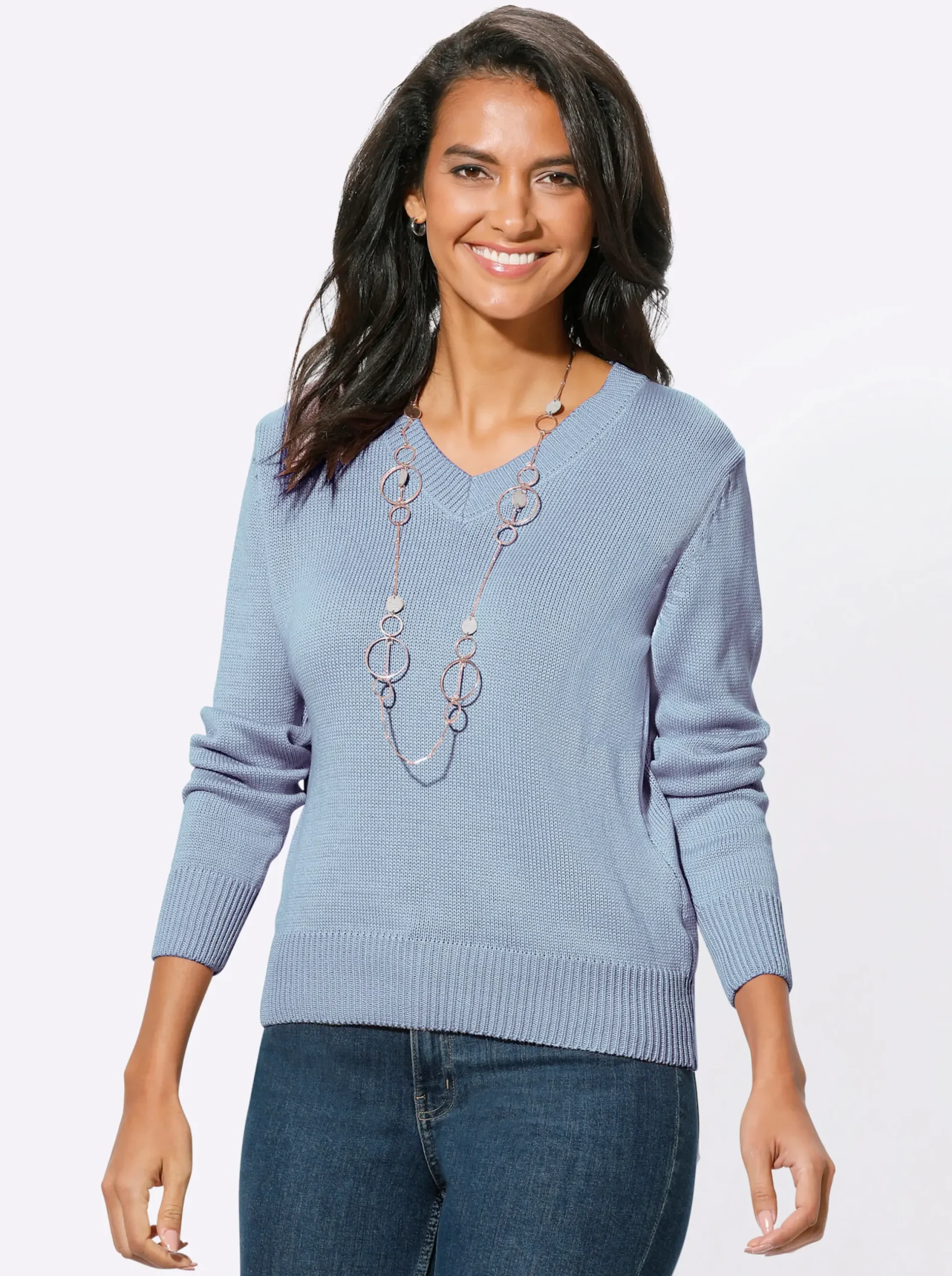 Pullover| V-Ausschnitt-Pullover mit Baumwolle eisblau