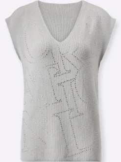 Pullover| V-Ausschnitt-Pullover mit Glitzersteinchen-Schriftzug hellgrau-silberfarben