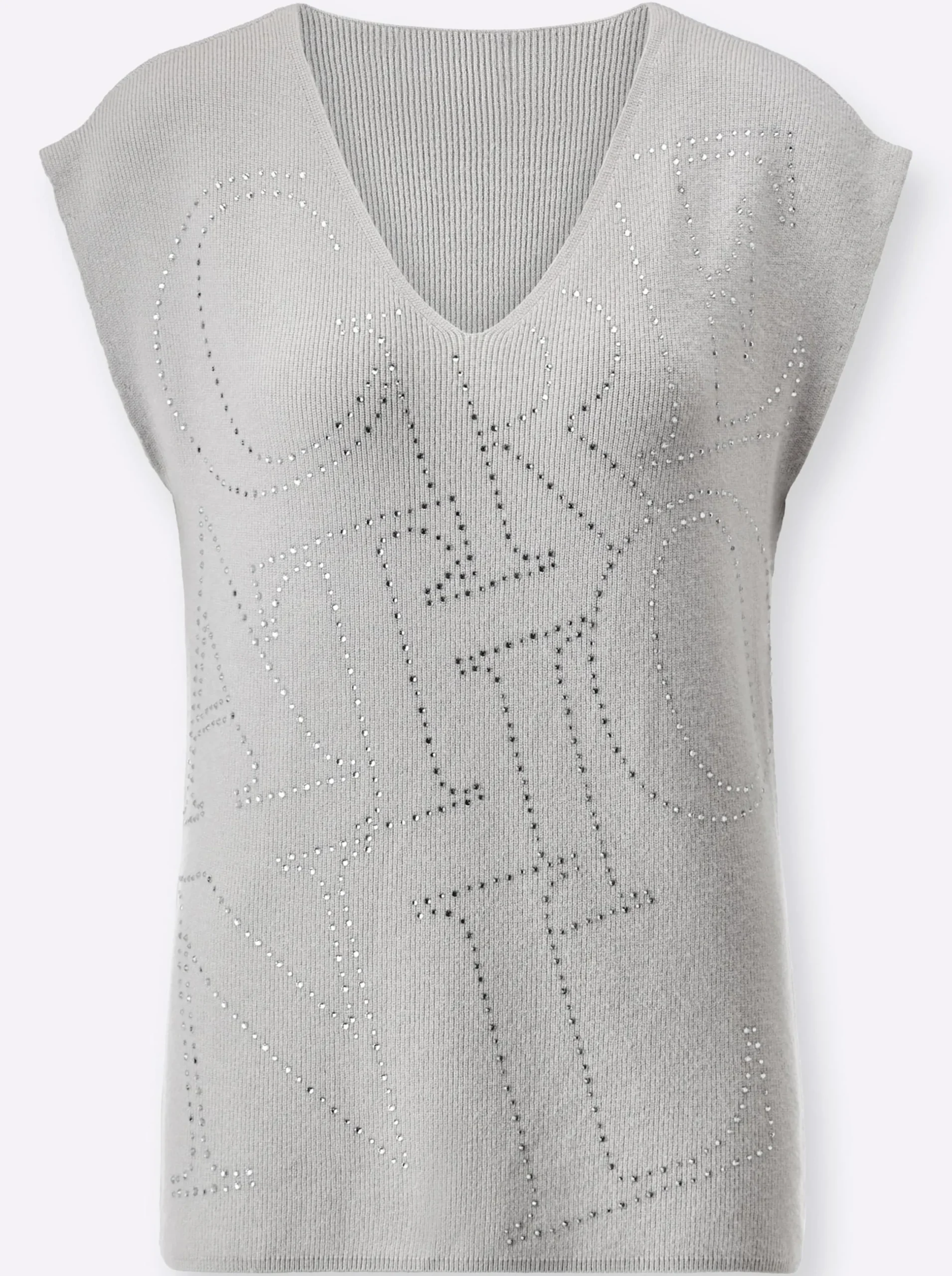 Pullover| V-Ausschnitt-Pullover mit Glitzersteinchen-Schriftzug hellgrau-silberfarben