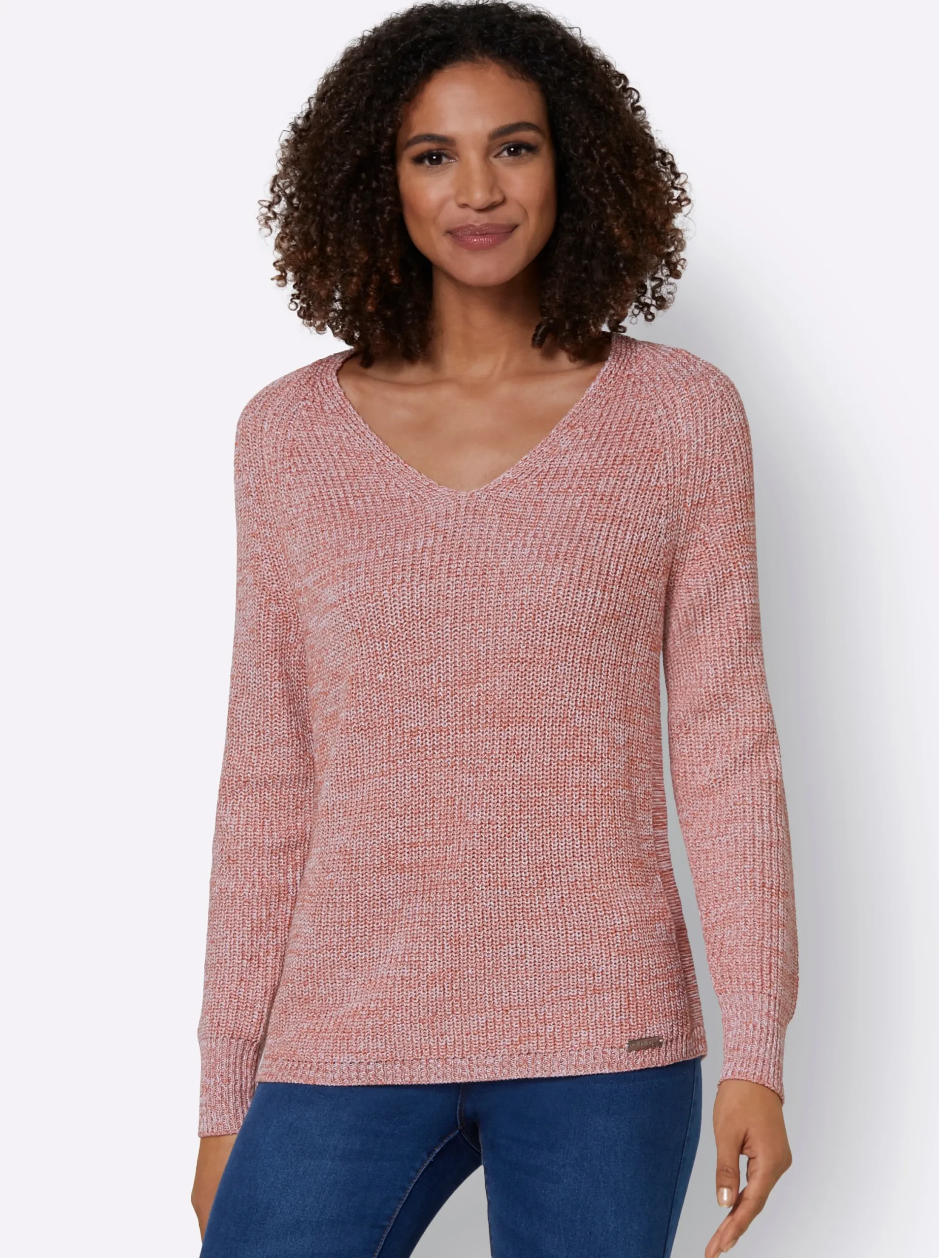 Basics|Pullover| V-Ausschnitt-Pullover mit Ripp-Struktur rosenholz-puder-meliert