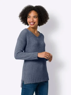 Pullover|heine V-Ausschnitt-Pullover mit Seitenschlitzen rauchblau-meliert