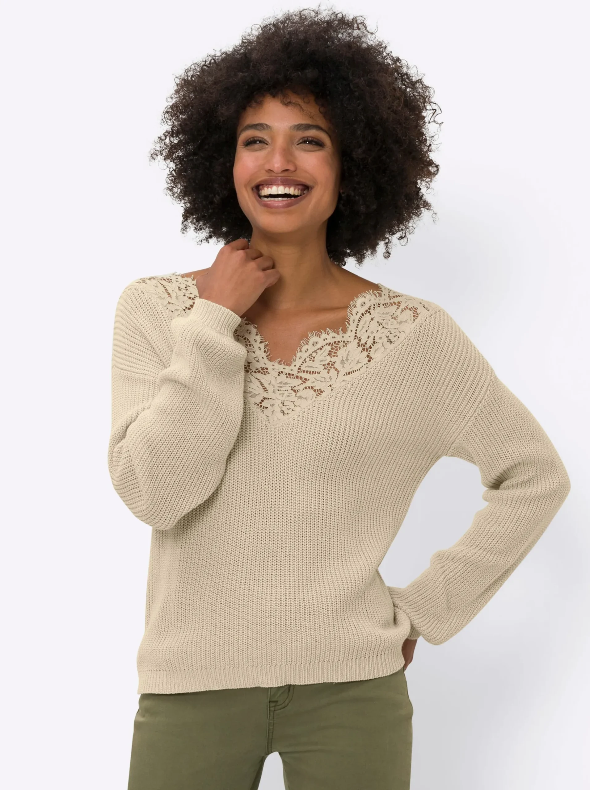 Pullover|heine V-Ausschnitt-Pullover mit Spitze sand