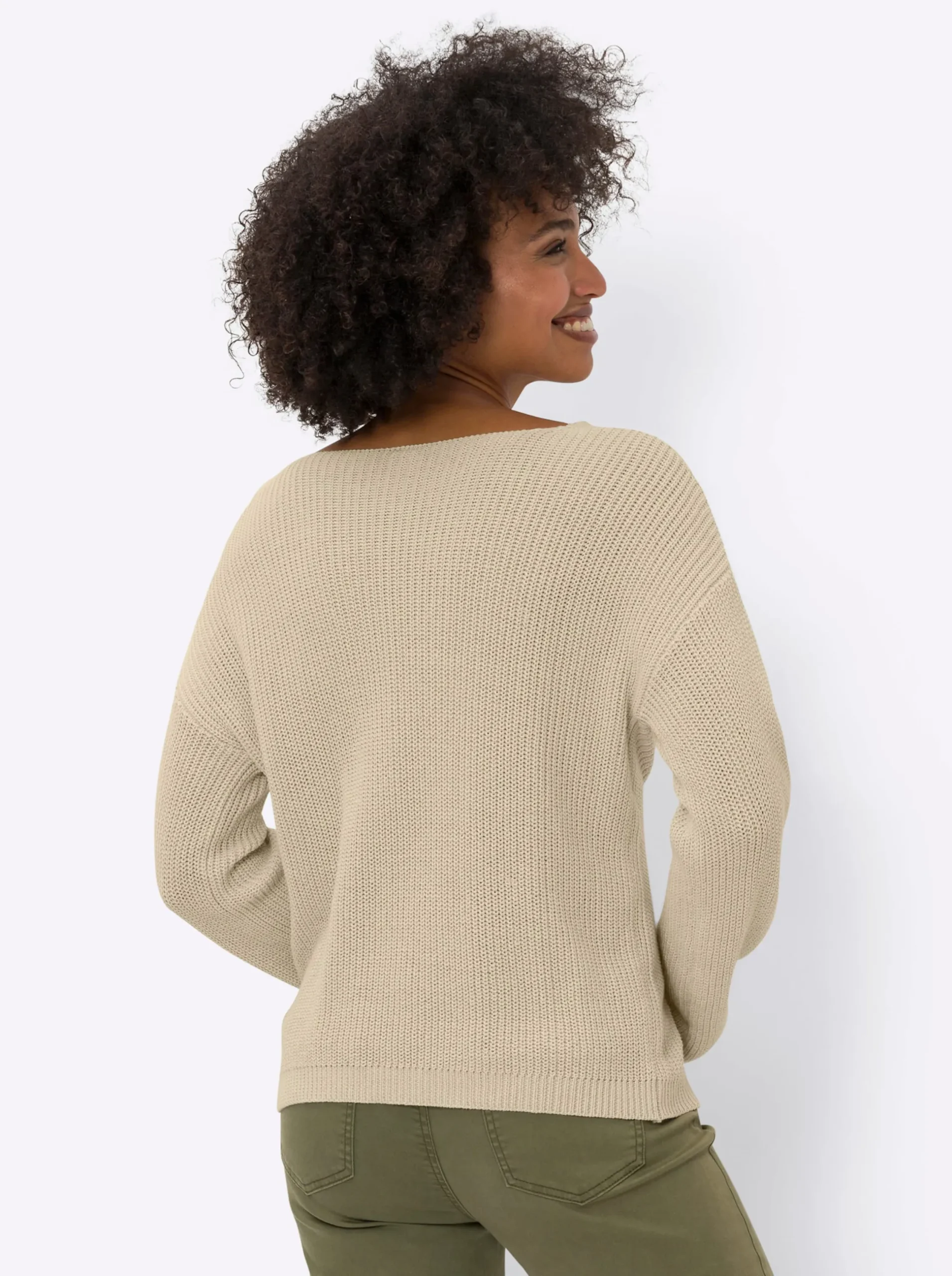 Pullover|heine V-Ausschnitt-Pullover mit Spitze sand