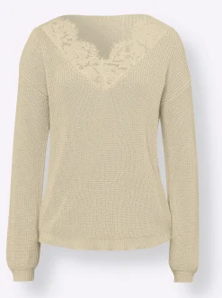 Pullover|heine V-Ausschnitt-Pullover mit Spitze sand
