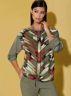 Blusen| Volantbluse khaki-rostrot-bedruckt