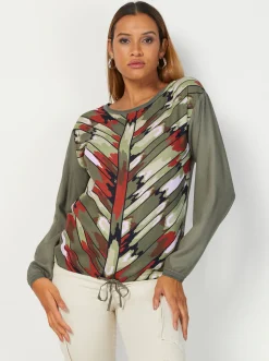 Blusen| Volantbluse khaki-rostrot-bedruckt