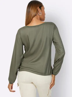Blusen| Volantbluse khaki-rostrot-bedruckt