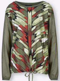 Blusen| Volantbluse khaki-rostrot-bedruckt