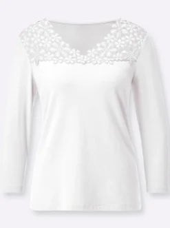 Shirts| V-Shirt mit Blütenspitze ecru