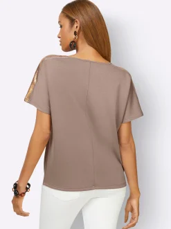 Pullover|Shirts| Wasserfallshirt taupe-bronzefarben-bedruckt