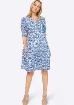 Strandkleider|Kleider|heine Webkleid ecru-royalblau-gemustert
