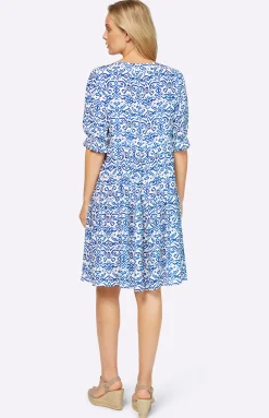 Strandkleider|Kleider|heine Webkleid ecru-royalblau-gemustert